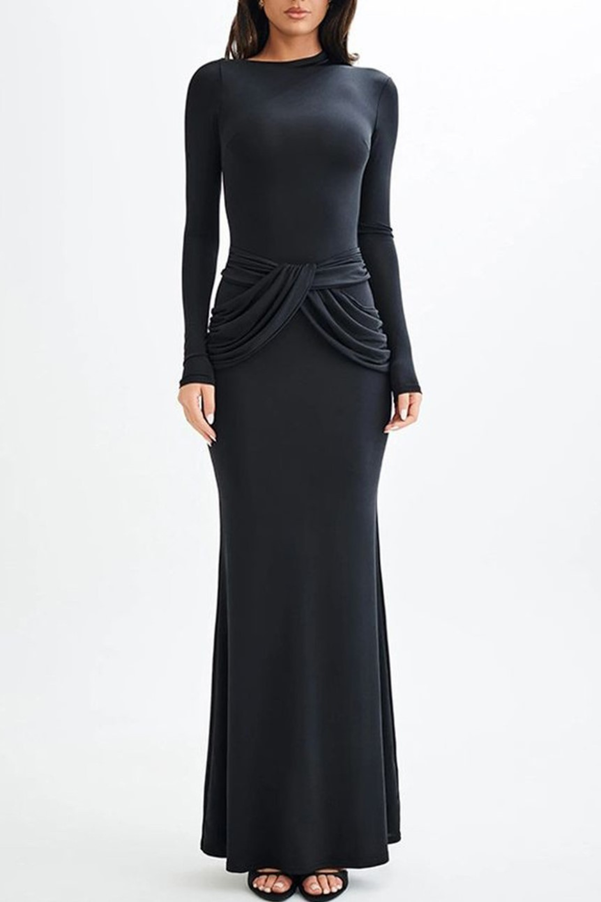 Betona Ruched Long Sleeve Maxi Dress Black SeenSense — free download