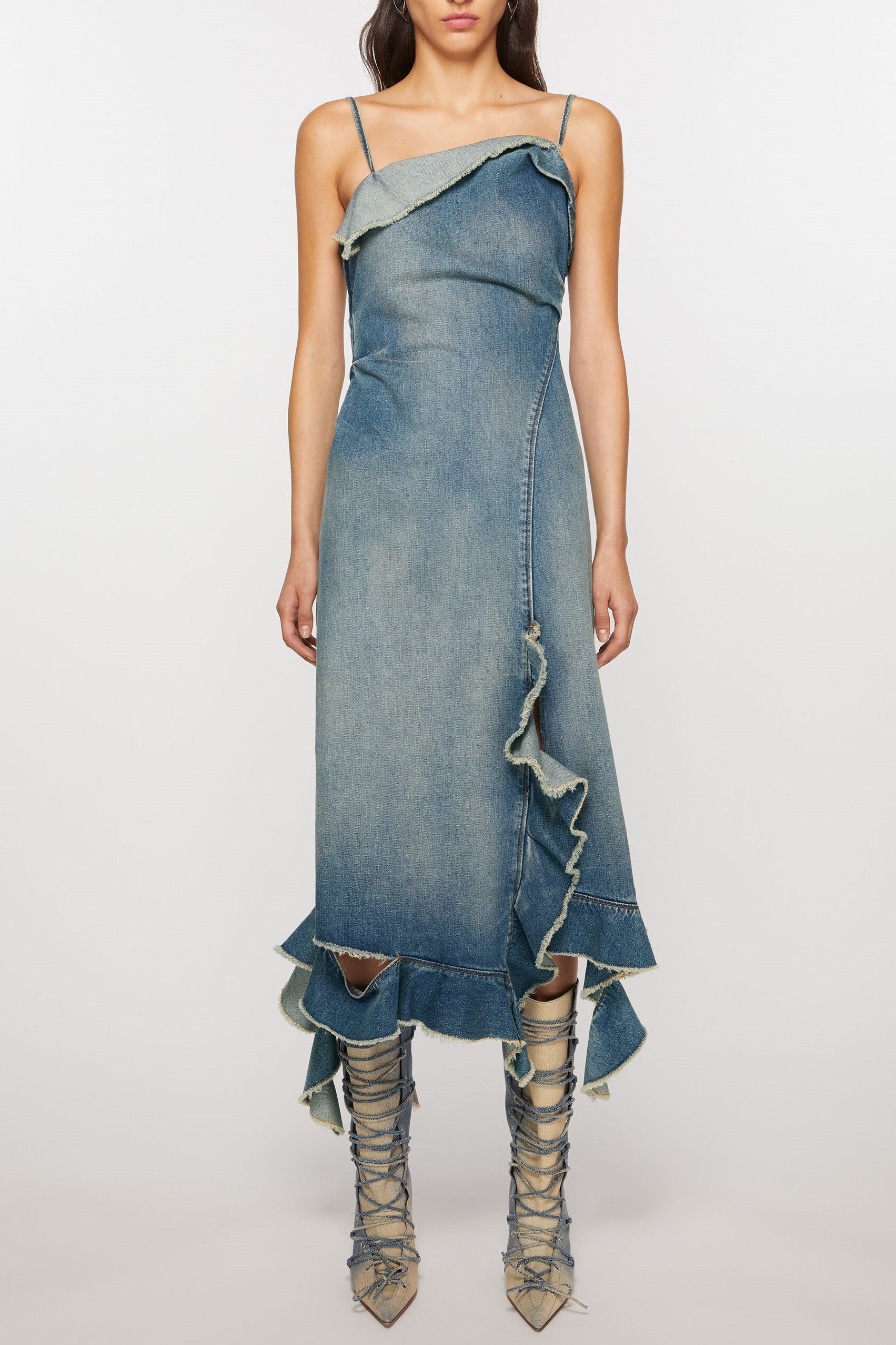 Kenzia Asymmetric Denim Ruffle Midi Dress – SeenSense