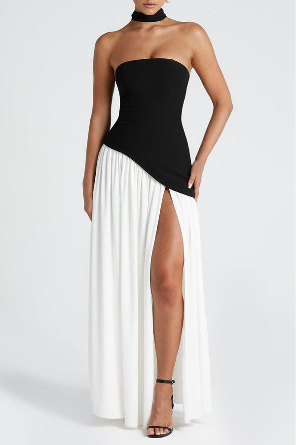 Miloni Strapless Split Maxi Dress - Black/White