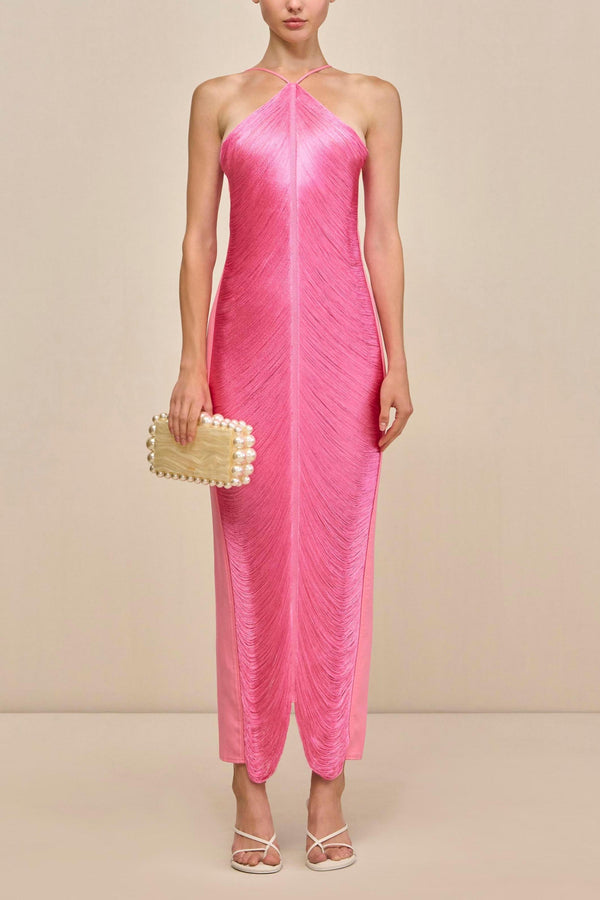 Veroty Halter Fringe Maxi Dress -Pink