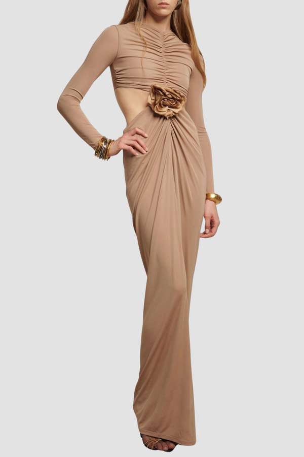 Tibera Floral Cutout Ruched Maxi Dress - Beige