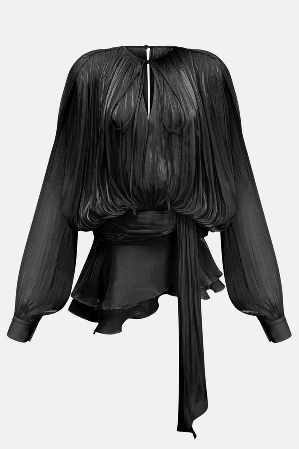 Anzay Pleated Ruffled Hem Mini Dress - Black