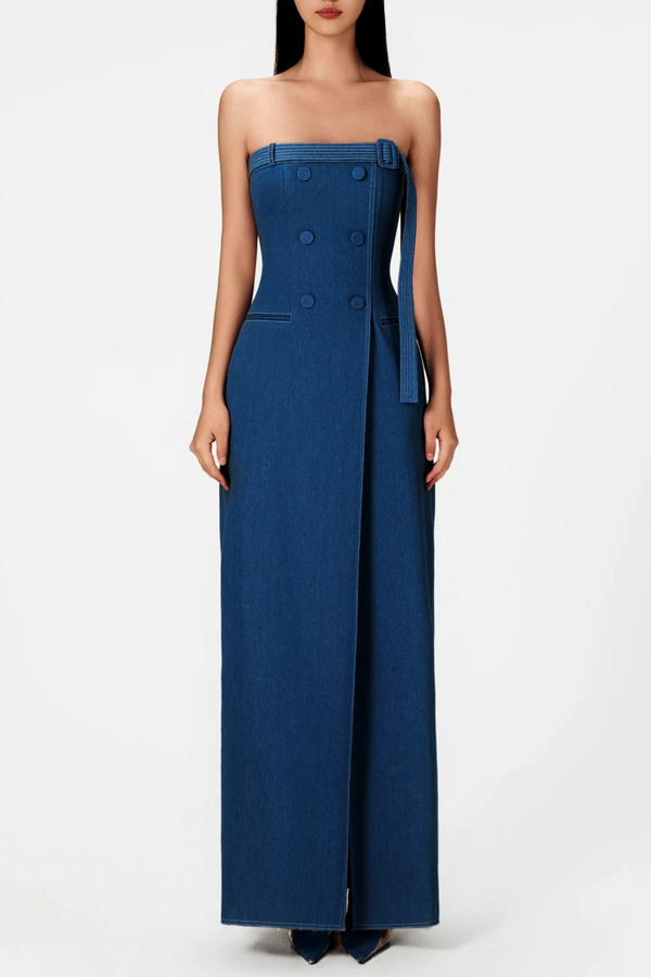 Abbie Denim Strapless Belted Slit Maxi Dress
