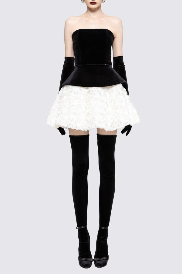 Abda Strapless Floral Layerd Velvet Mini Dress