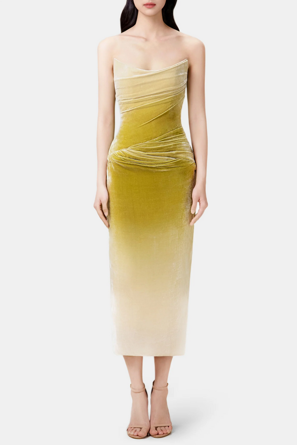 Achsa Velvet Strapless Gradient Ruched Midi Dress