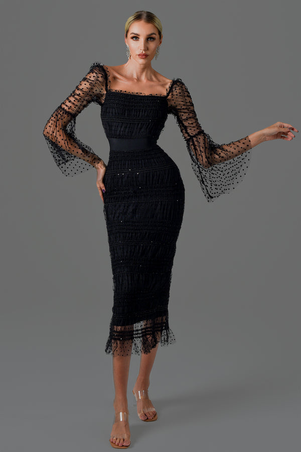 handcrafted rose midi dress Hilaria Rose Handcrafted Knit Midi Dress in Black Bella Galvan
