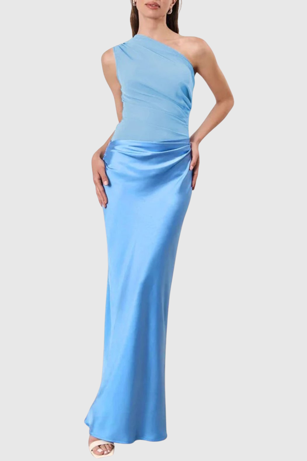 Adelpa One Shoulder Satin Maxi Dress - Blue