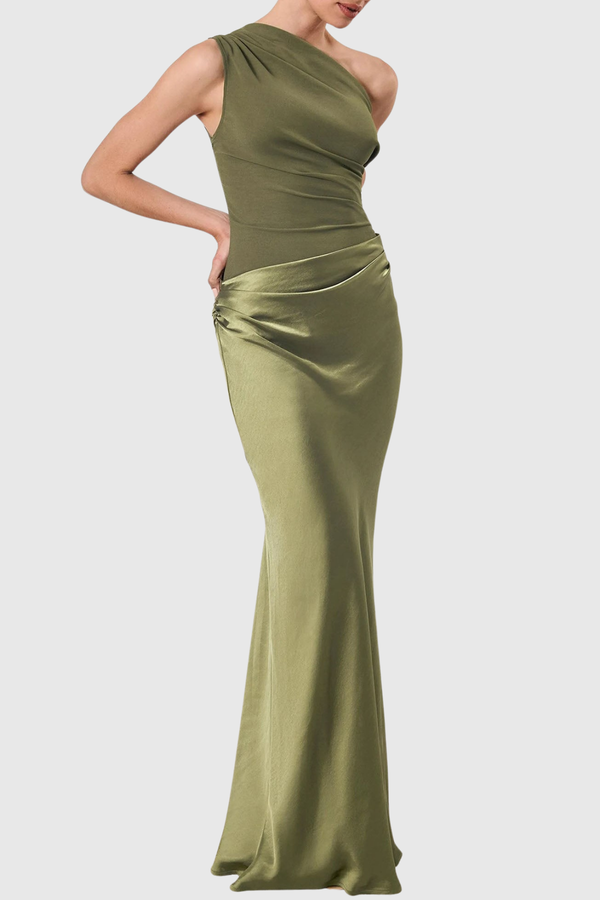 Adelpa One Shoulder Satin Maxi Dress - Green