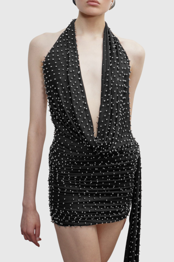 Adlai Stud Embellished Halter Mini Dress - Black