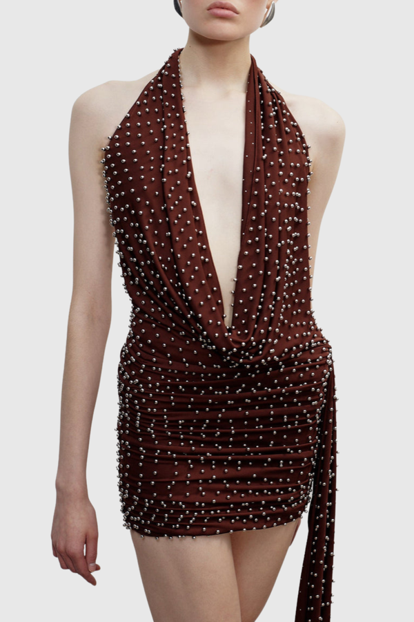 Adlai Stud Embellished Halter Mini Dress - Wine
