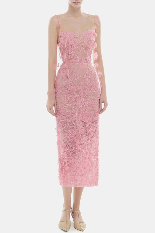 Ahava Floral Lace Midi Dress - Pink