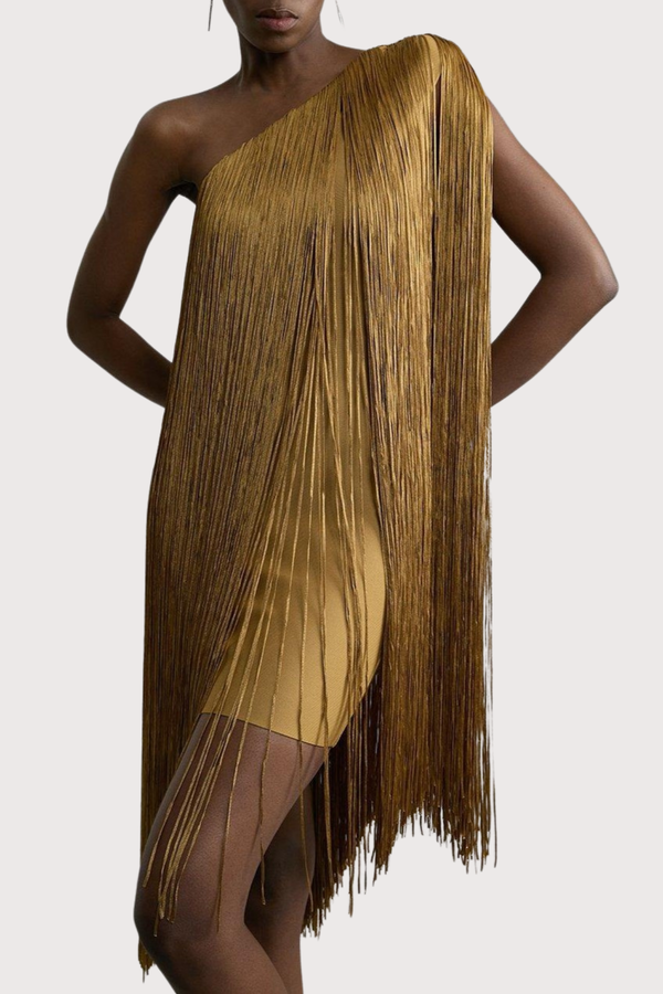 Aimee Bandage One Shoulder Fringe Mini Knit Dress - Gold
