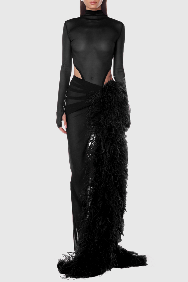 Akilah Mesh Bodysuit & Faux Fur Skirt Set - Black