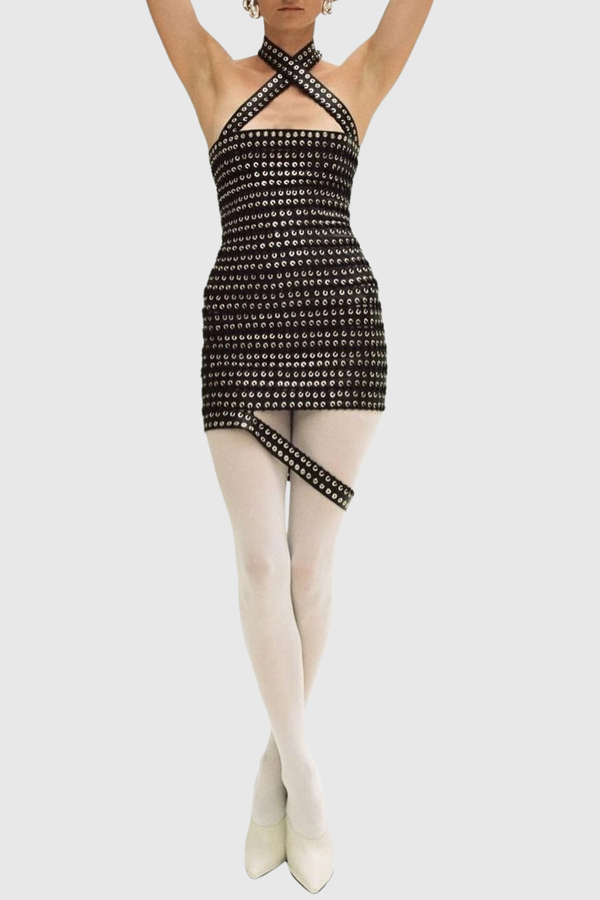 Alara Halter Eyelet Embellished Mini Dress