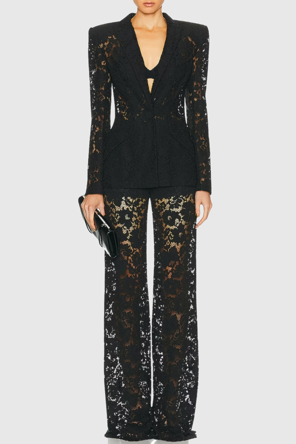 Albany Floral Lace Blazer & Pants Set - Black