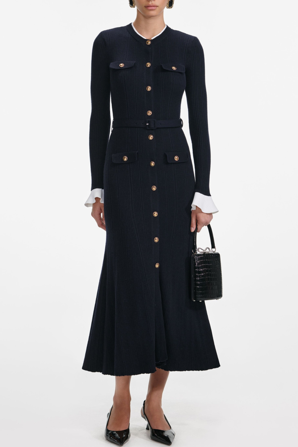 Alioth Ribbed Belted Knit Midi Dress - Navy
