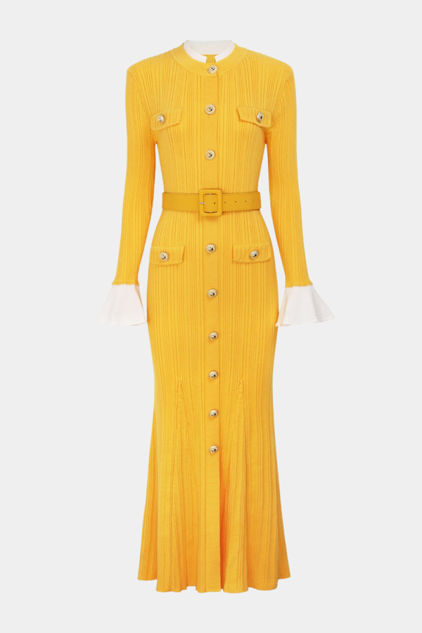 Alioth Ribbed Belted Knit Midi Dress -Yellow