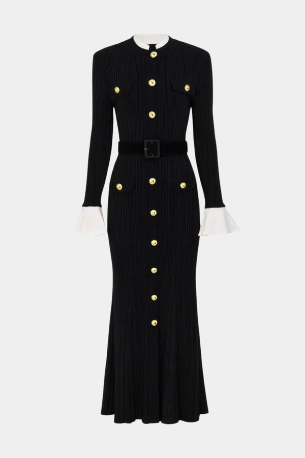 Alioth Ribbed Belted Knit Midi Dress -Black
