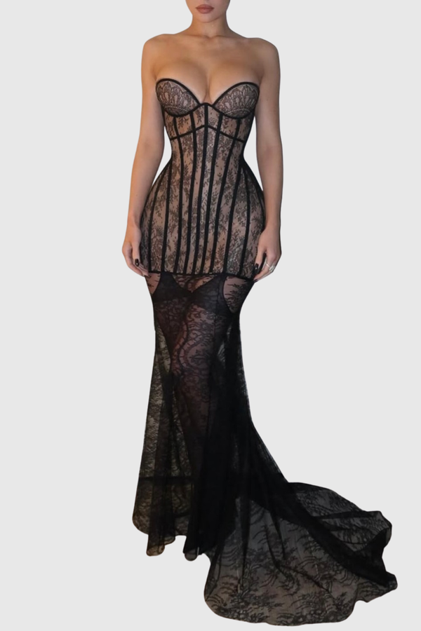 Alisha Strapless Lace Corset Maxi Dress
