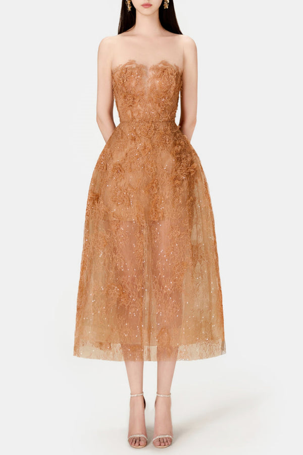 Batya Lace Sleeveless Midi Dress - Caramel