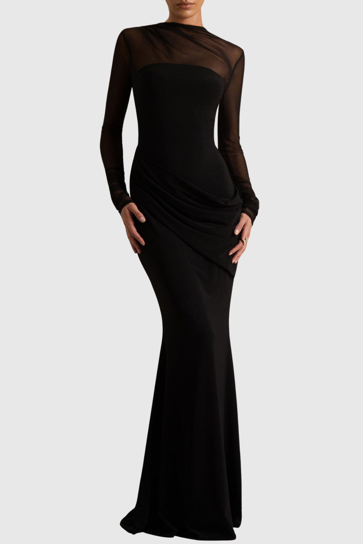 Benito Mesh Ruched Long Sleeve Maxi Dress SeenSense — free download