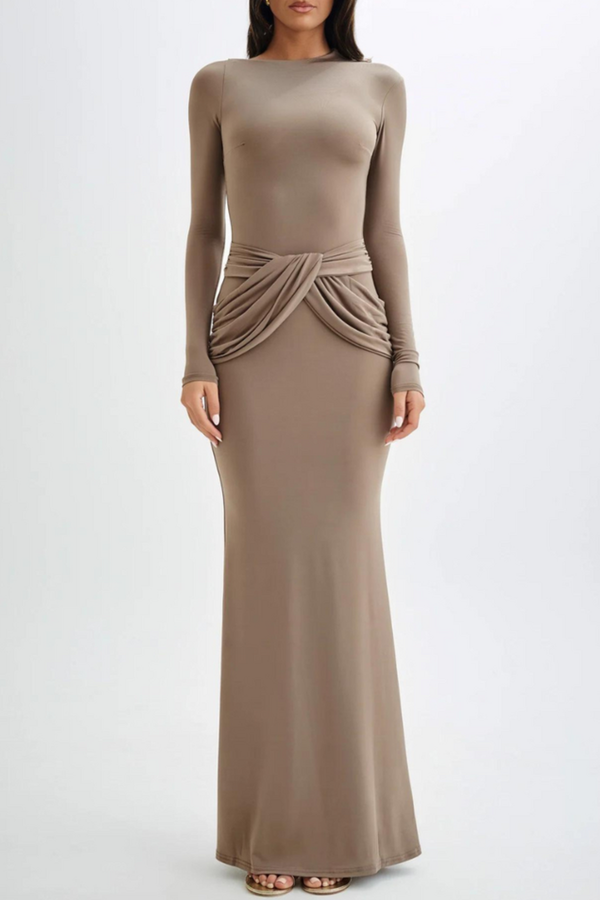 Betona Ruched Long Sleeve Maxi Dress - Khaki