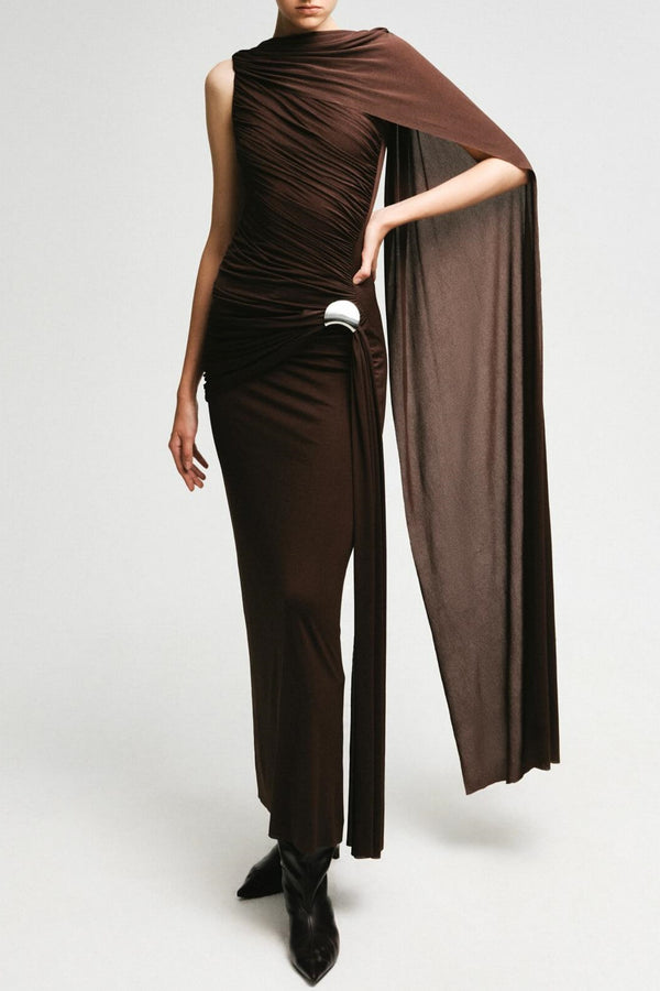 Betsey Asymmetrical Sleeveless Ruched Maxi Dress - Brown