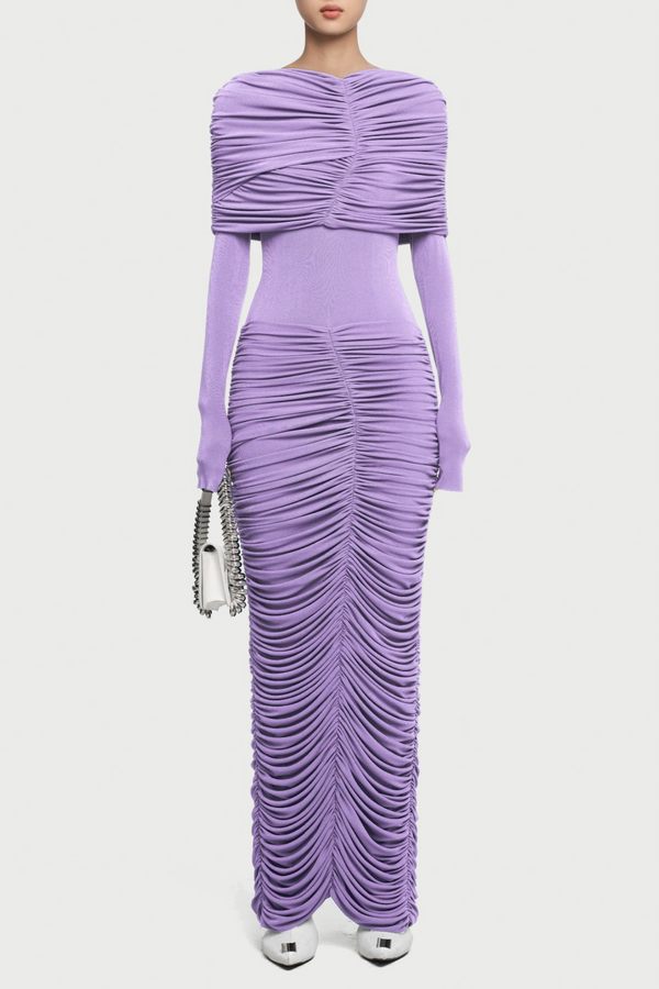 Birdya Symmetrical Draped Shoulder Maxi Dress - Purple