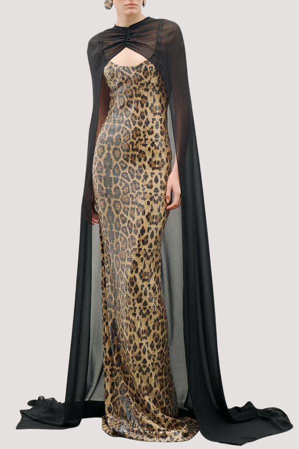 Borgna Leopard Sequin Maxi Dress & Cape Set