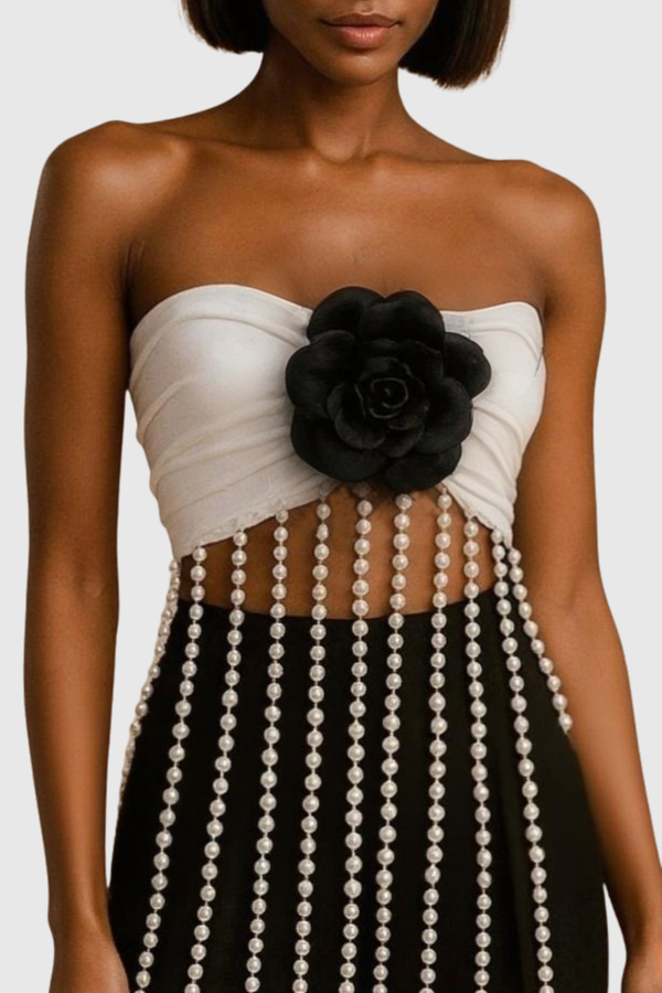 Bresla Floral Pearl Fringed Top - Black