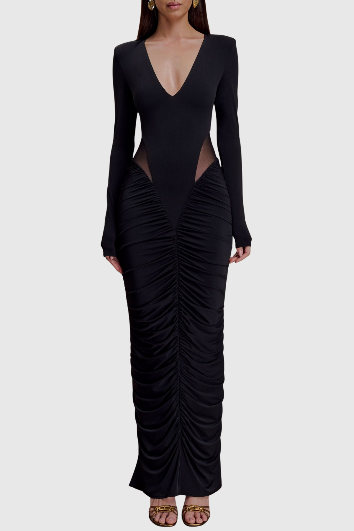 Calix Mesh Ruched Maxi Dress - Black – SeenSense