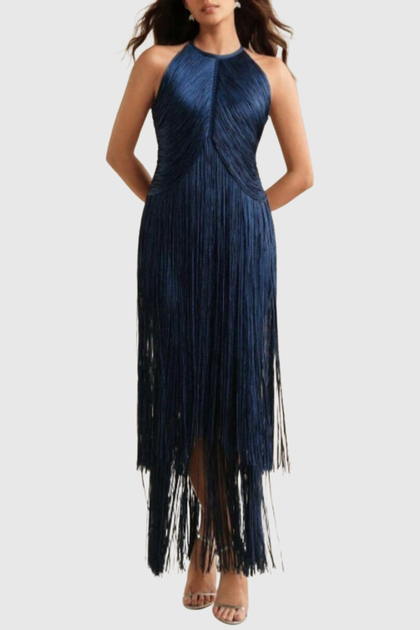 Carina Halter Fringe Maxi Bandage Dress - Blue