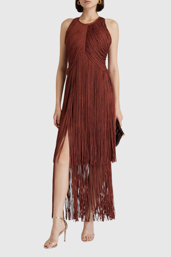 Carina Halter Fringe Maxi Bandage Dress - Brown