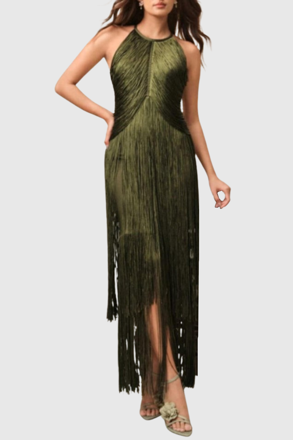 Carina Halter Fringe Maxi Bandage Dress - Green