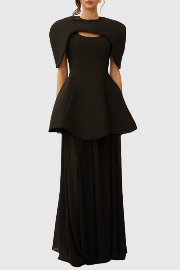 Carlotta Cape Sculptural Top & Maxi Dress Set - Black