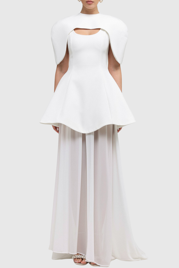Carlotta Cape Sculptural Top & Maxi Dress Set - White