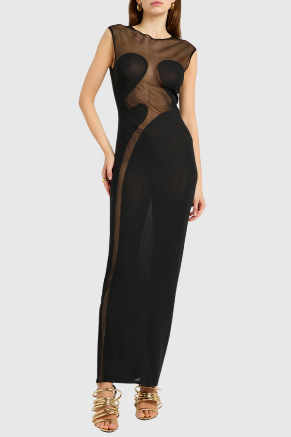 Carmina Mesh Paneled Maxi Bandage Dress - Black
