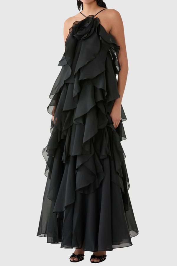 Caysie Halter Floral Ruffle Layered Maxi Dress - Black