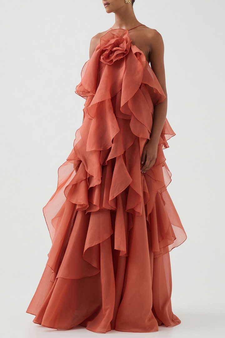 Layered Flower Ruffle Caysie Halter Floral Ruffle Layered Maxi Dress - Orange – SeenSense