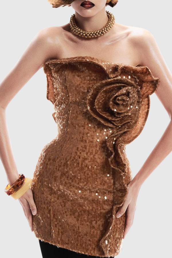 Charae Sequin Floral Strapless Mini Dress