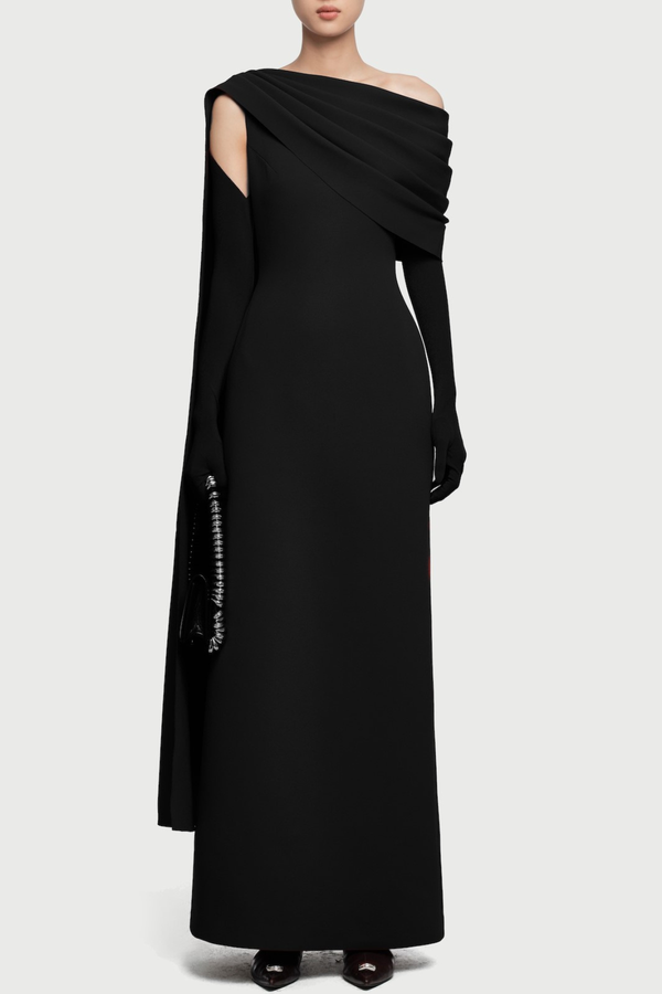 Chesley Asymmetrical Draped Flap Maxi Dress - Black