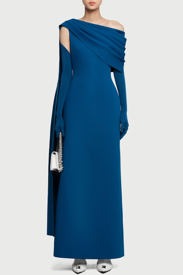 Chesley Asymmetrical Draped Flap Maxi Dress - Blue