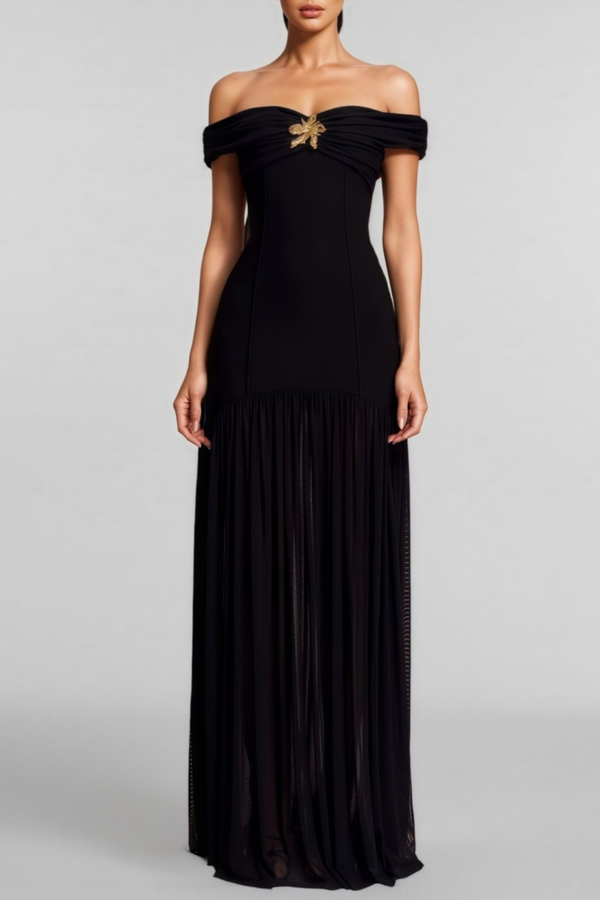 Chiya Off Shoulder Mesh Maxi Dress - Black