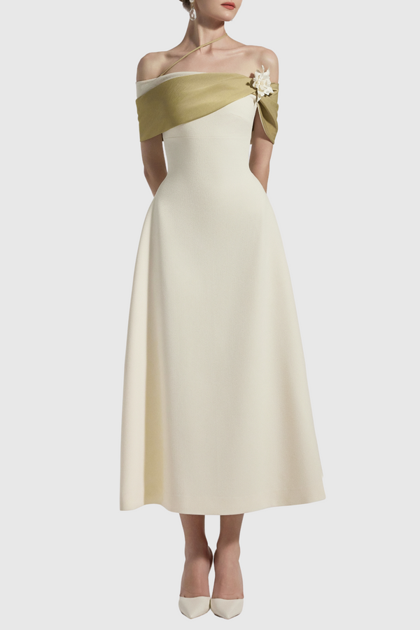 Cicek Floral Appliqué Off Shoulder Midi Dress