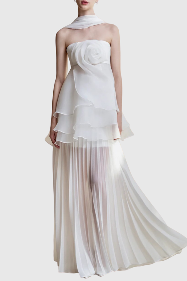 Citrine Floral Strapless Pleated Maxi Dress