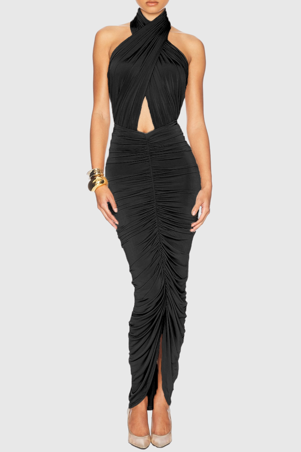 Citrine Halter Ruched Maxi Dress - Black