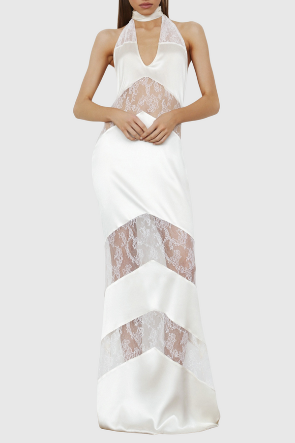 Clora Satin Halter Lace Maxi Dress - White