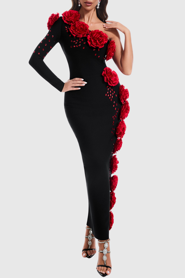 Conall Bandage 3D Flower One-Shoulder Maxi Dress