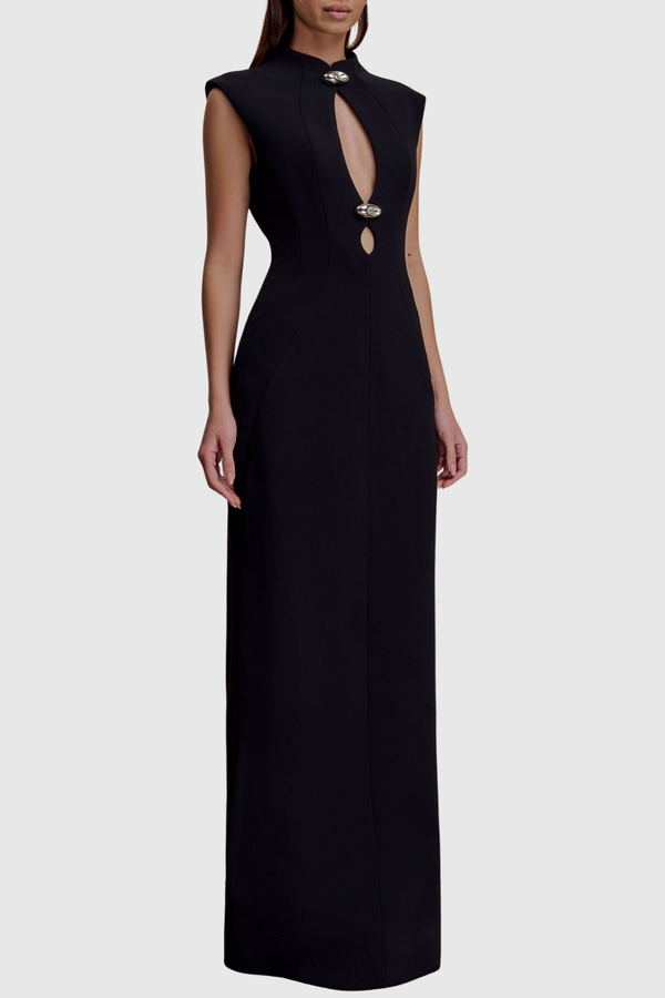 Croia Sleeveless Cutout Buttoned Embellished Maxi Dress - Black