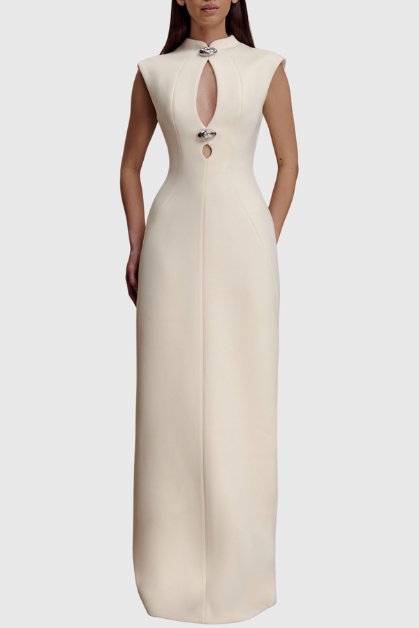 Croia Sleeveless Cutout Buttoned Embellished Maxi Dress - White